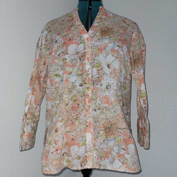 Harve Benard Blouse Women's Buttom Down Cream Floral Linen  Split Seam No Size - Picture 1 of 8
